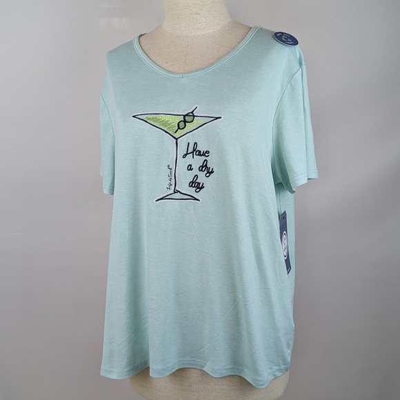 Life Is Good Martini Embroidery & Print PJ Set Short Sleeve Top Pant Teal XL NWT - Picture 8 of 16